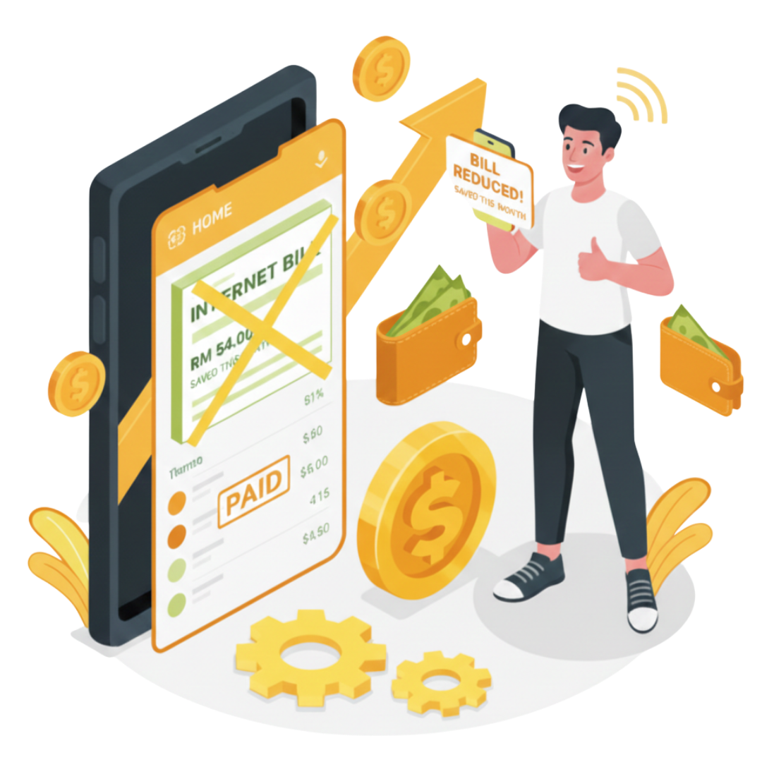 Jimatla illustration Kami Bantu Kurangkan Bil Telco Anda ( Maxis, Celcom Digi, Telekom Malaysia, Unifi dan Time)